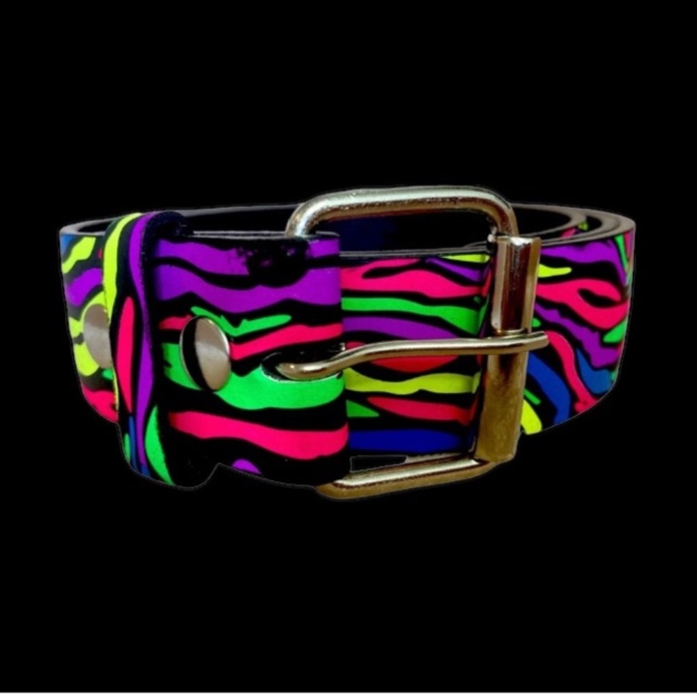 BOUTIQUE Neon Multicolor Rainbow Zebra Print Leather Belt - 49”